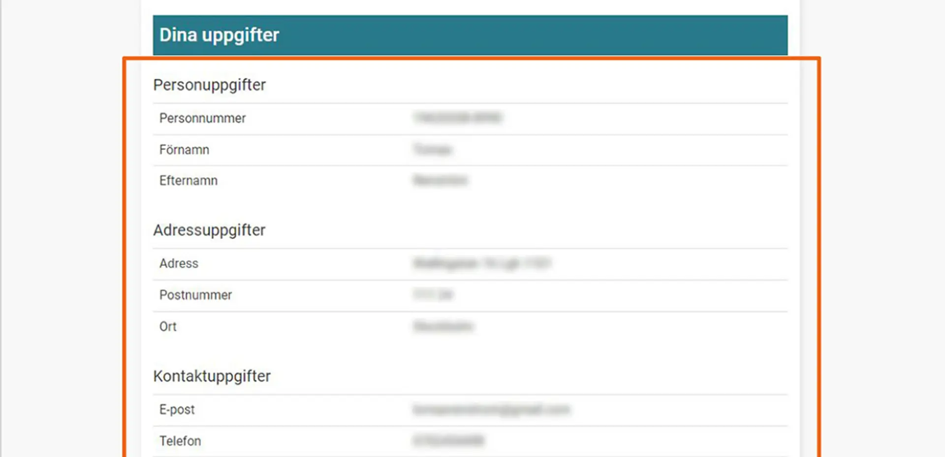 Vy 5 : sammanfattning av fastighet och dina uppgifter, från digitala tjänsten Bokning av villatomt. Skärmbild.