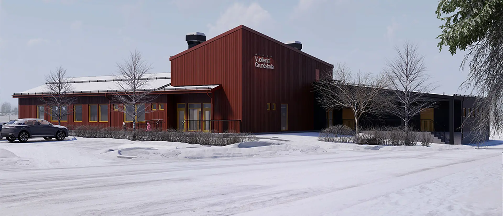 Visualisering av hur Vuollerims nya skola kan komma att se ut. Illustration.