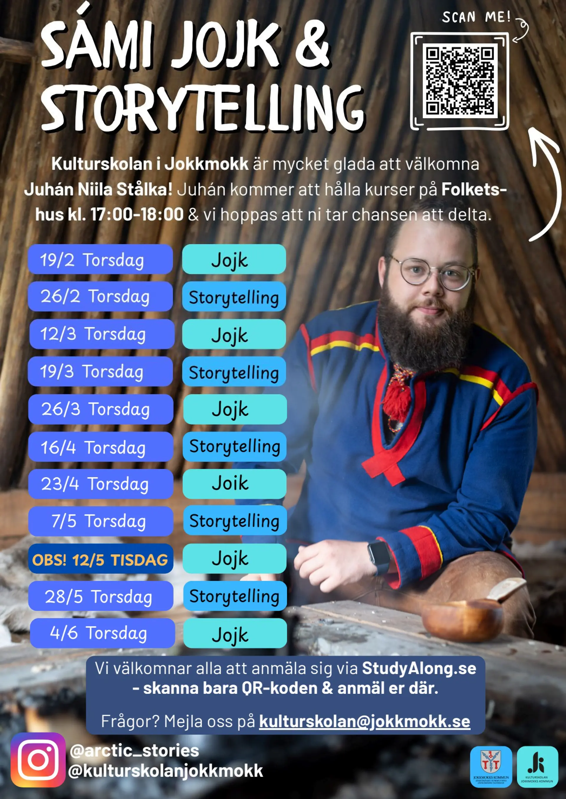 Affisch för Jojk & Storytelling-kursen våren 2026
