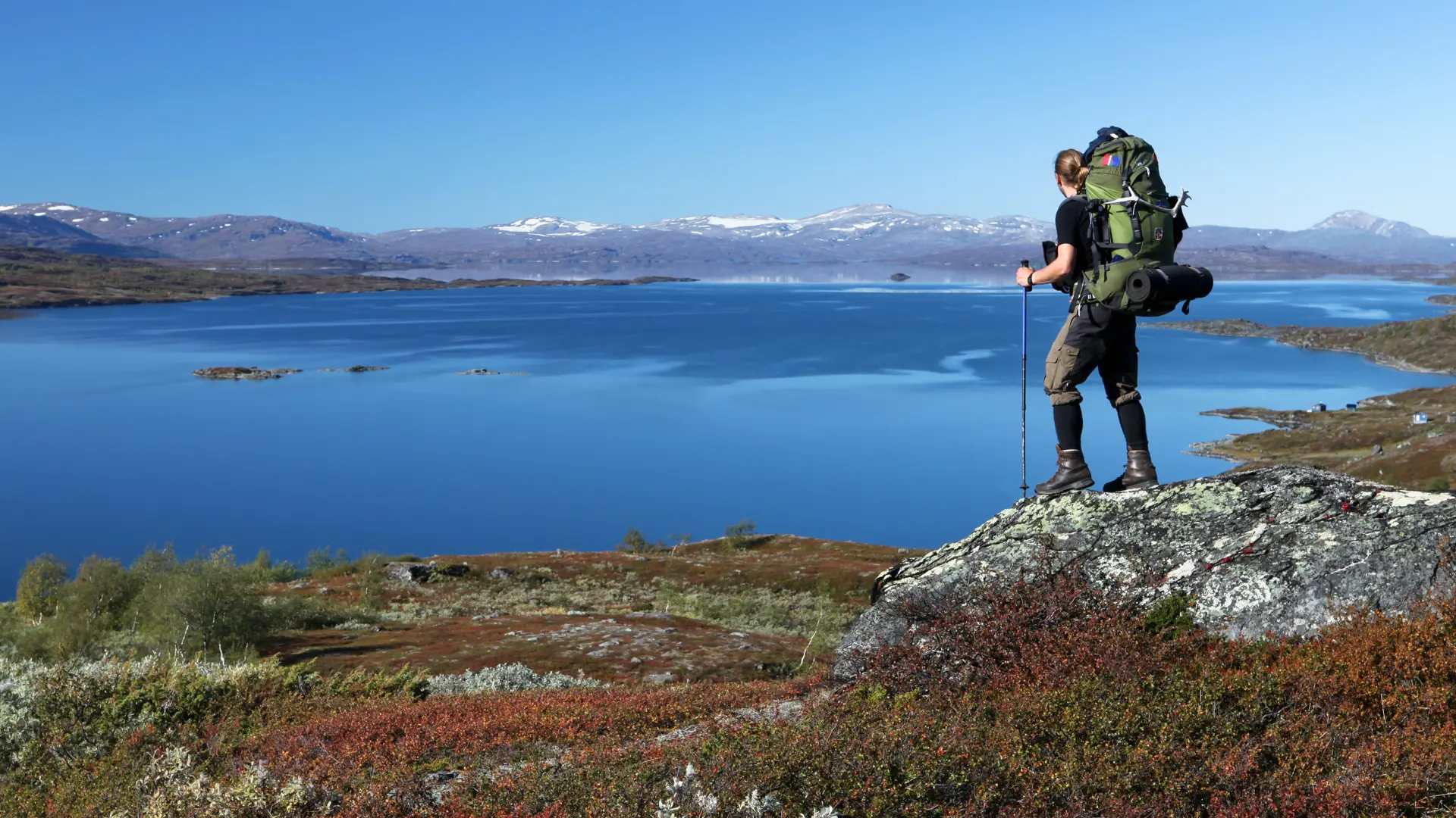 En person som står på en sten med utsikt över en av sjöarna i Padjelanta/Badjelánnda nationalpark.