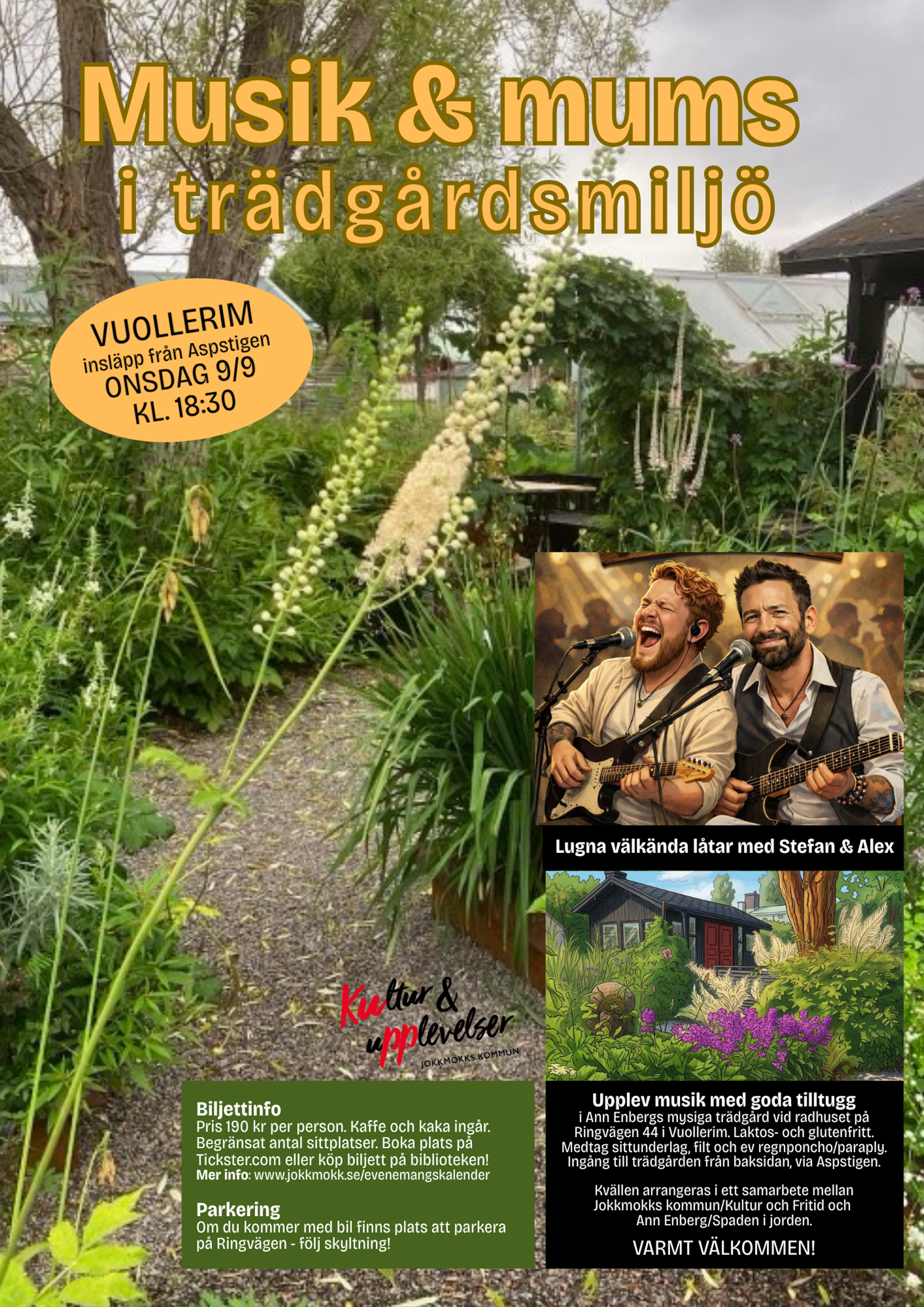 Affisch för Musik och Mums i trädgårdsmiljö