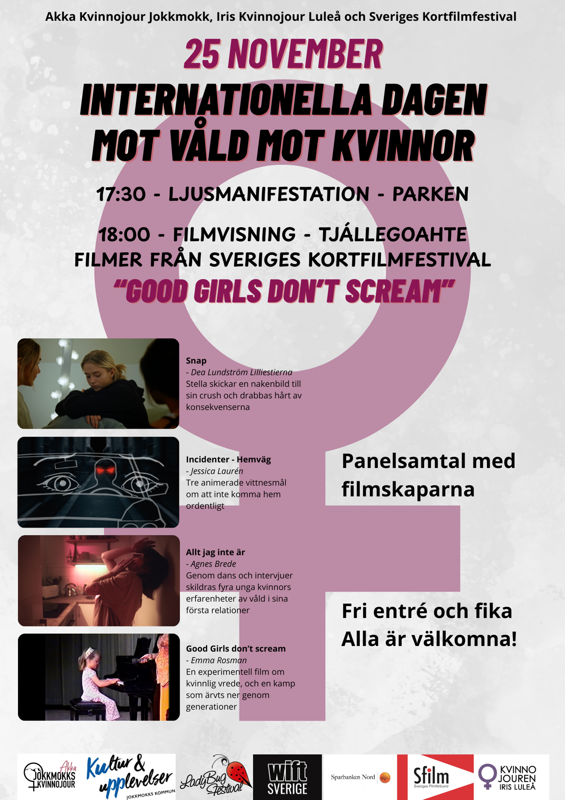 Affisch för filmkväll och ljusmanifestation i Jokkmokk den 25 november 2025