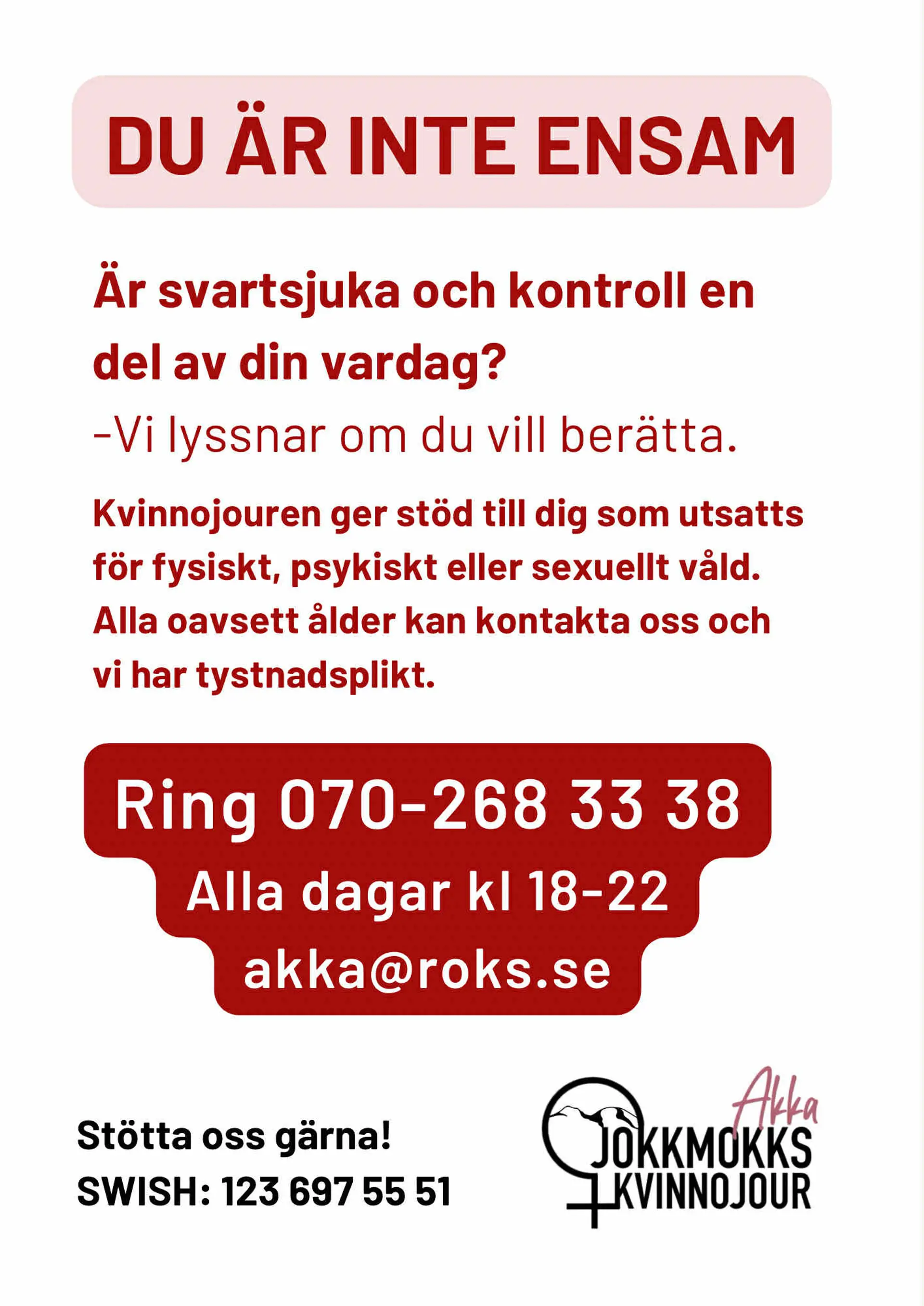 Information från Akka kvinnojour med telefonnummer och kontaktuppgifter.