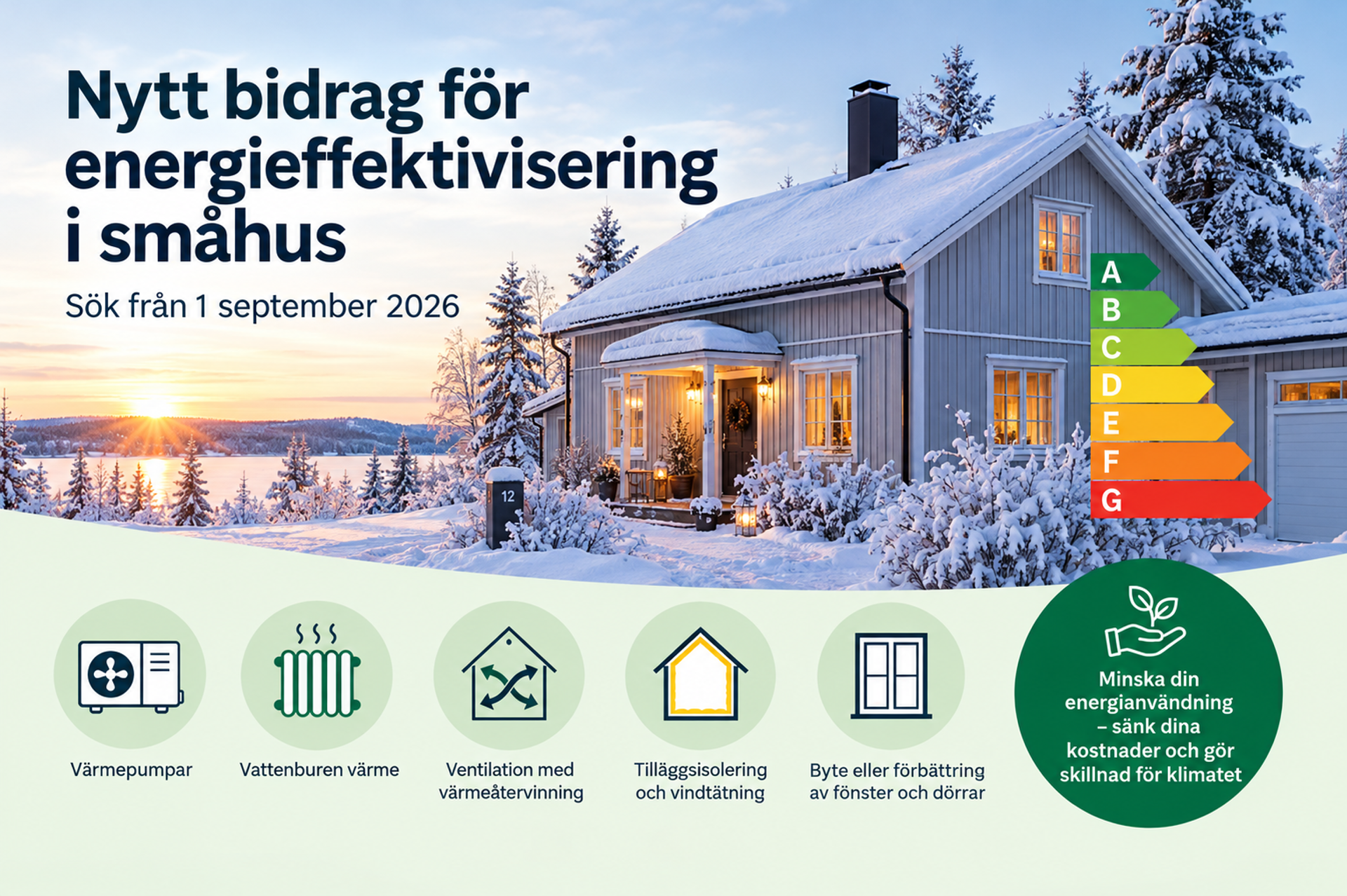 Illustration med texten Nytt bidrag för energieffektivisering i småhus