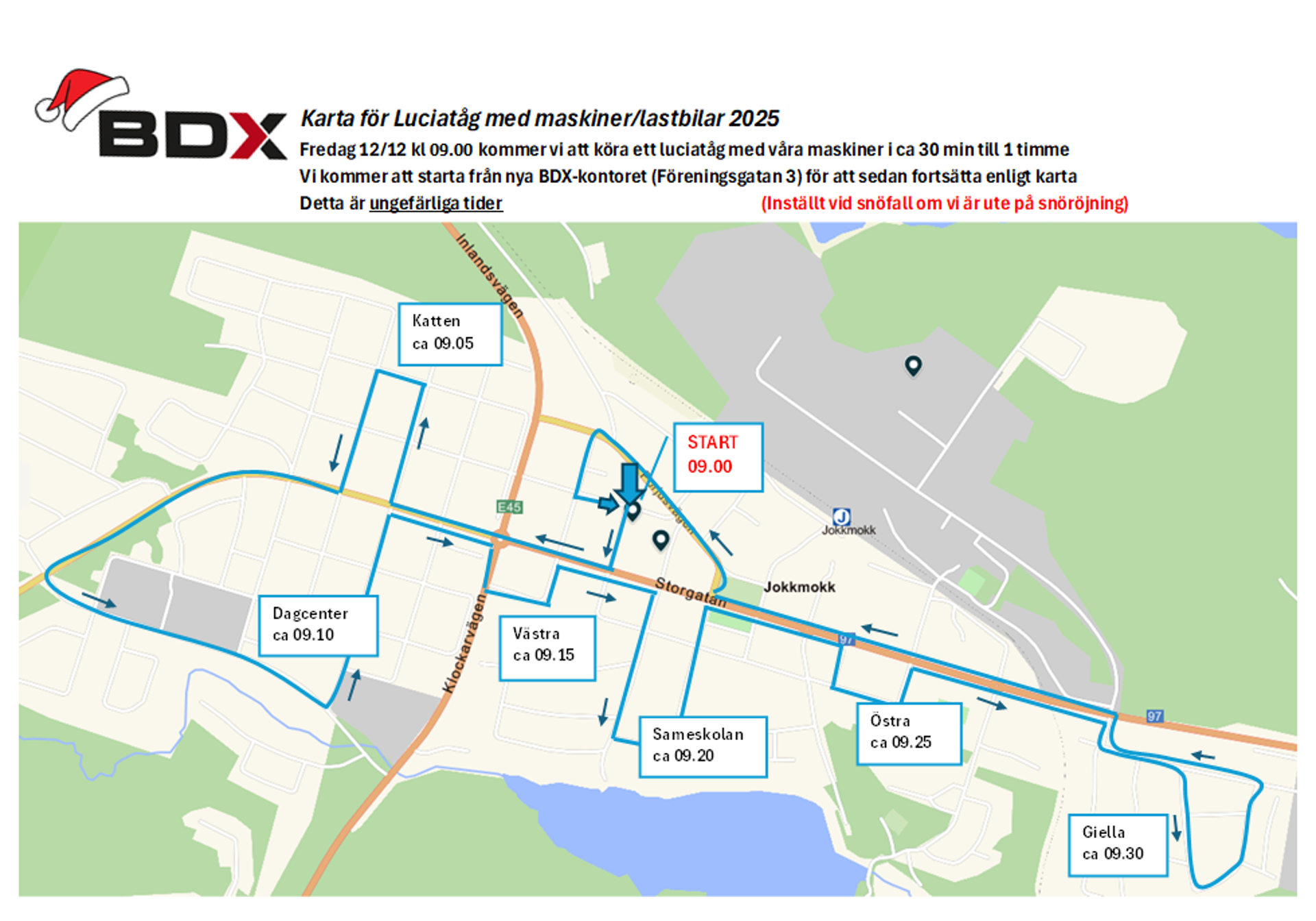 Karta över BDX-tågets väg genom Jokkmokks centralort den 12 december 2025.