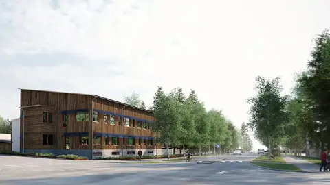 Datagenererad skiss över byggnaden Polstjärnan in till storgatan i Jokkmokk. Illustration