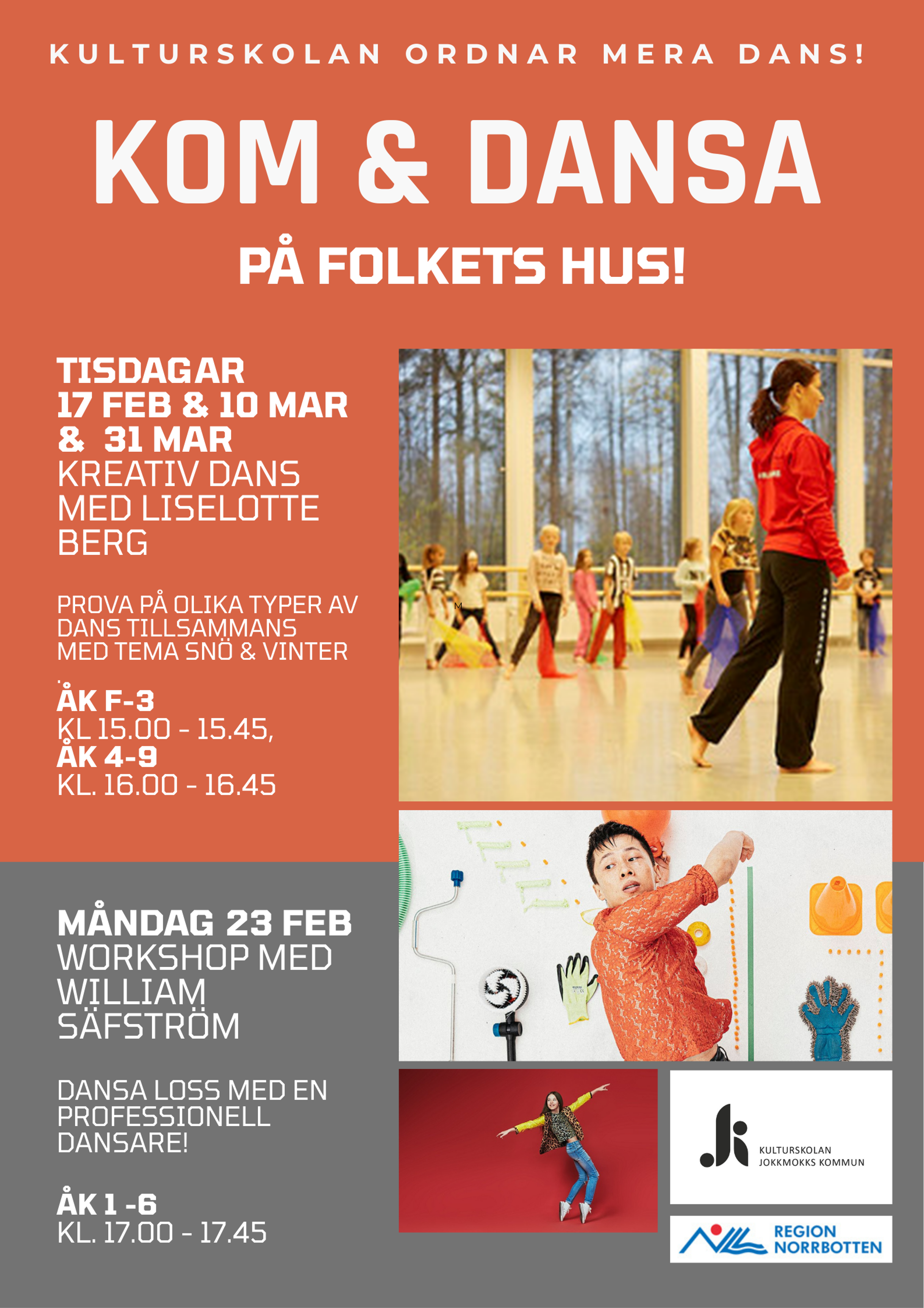 Affisch Kom och dansa på Folkets Hus, kulturskolans workshops