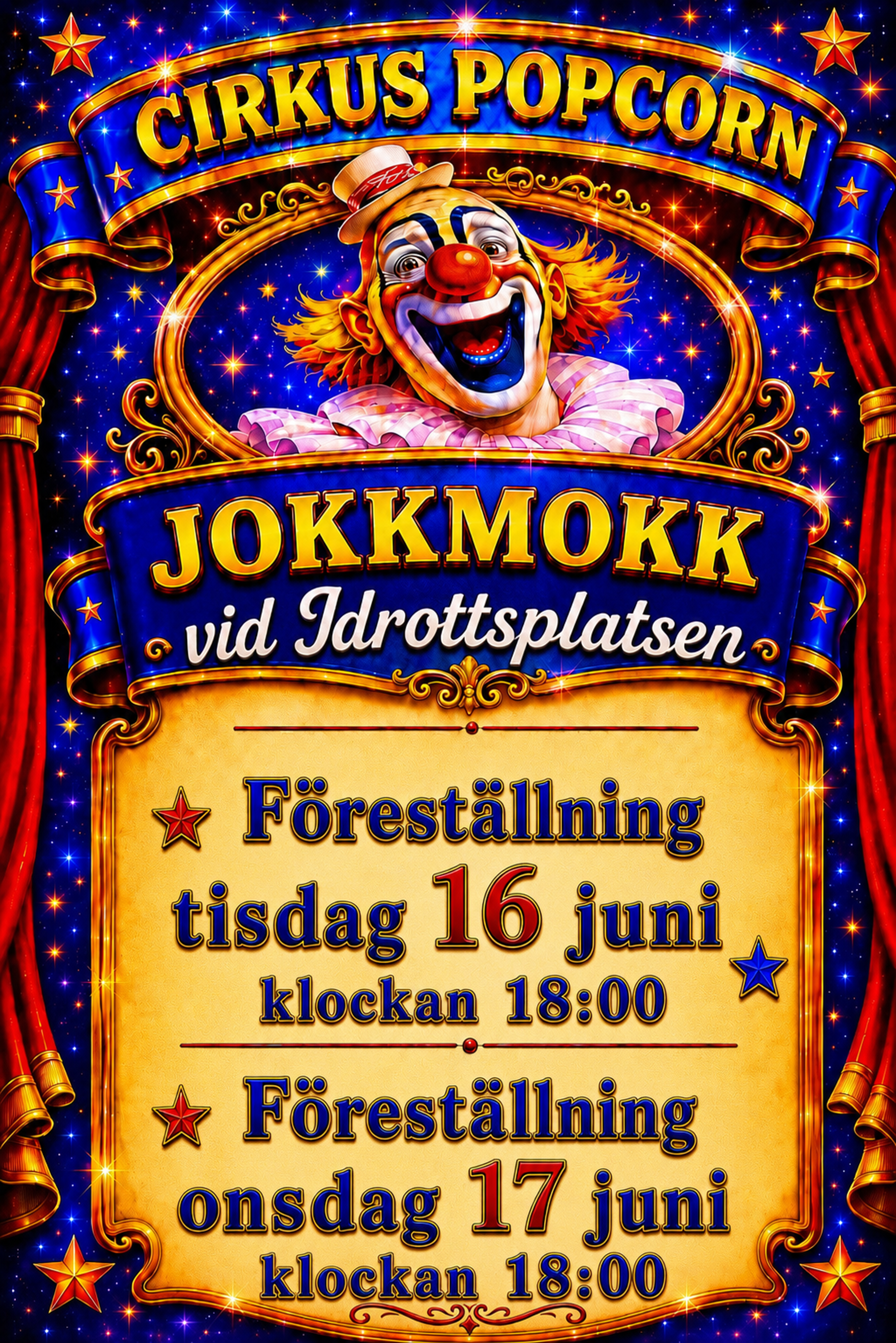Affisch för Cirkus Popcorn med en glad clown