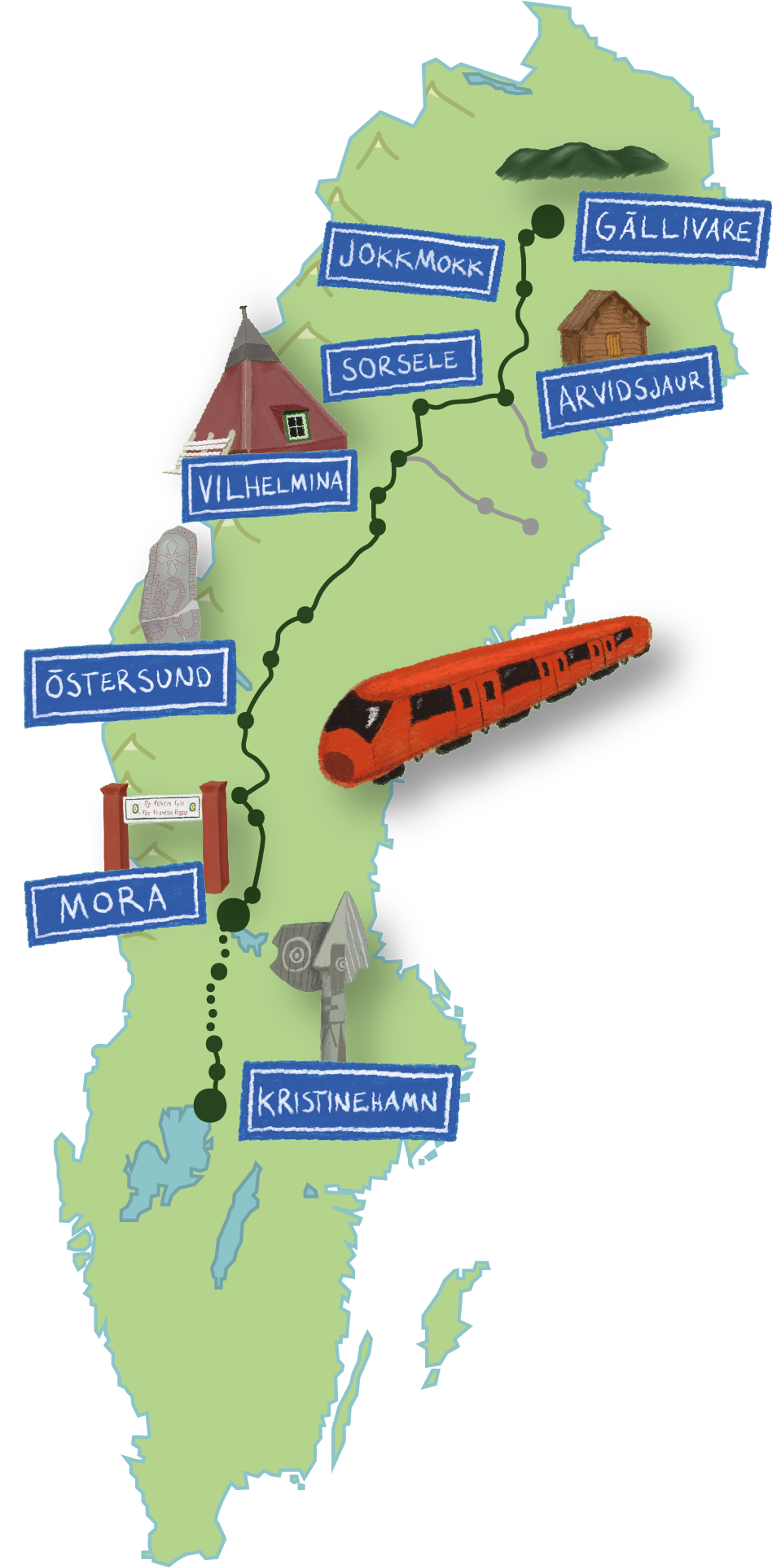 Teckning av en karta som visar författarturnéns väg genom norra Sverige