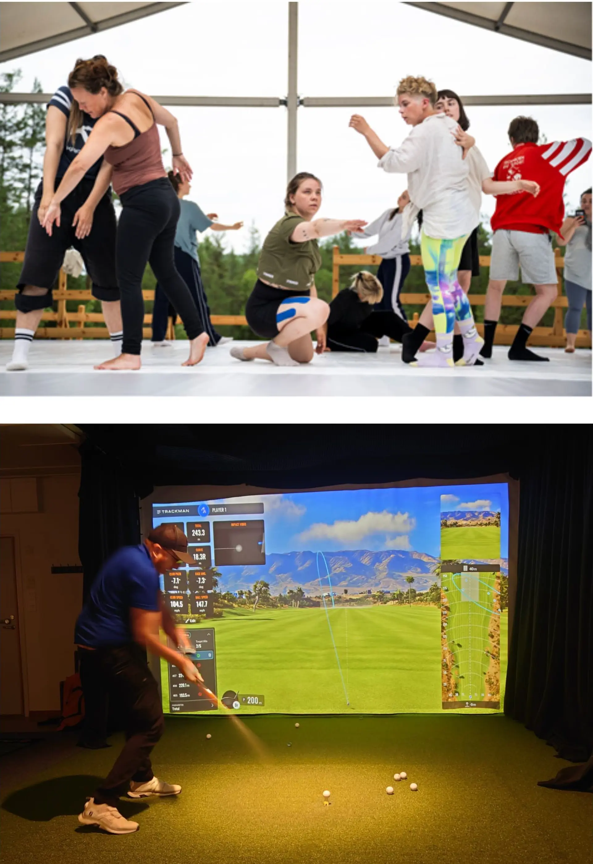Två bilder, en på människor som dansar och en bild med person som testar golfsimulator.