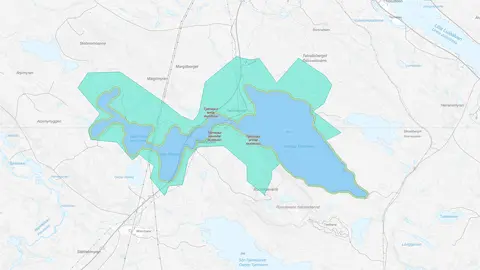 Karta över Jokkmokks vattenskyddsområde från Karttjänsten. Skärmklipp.