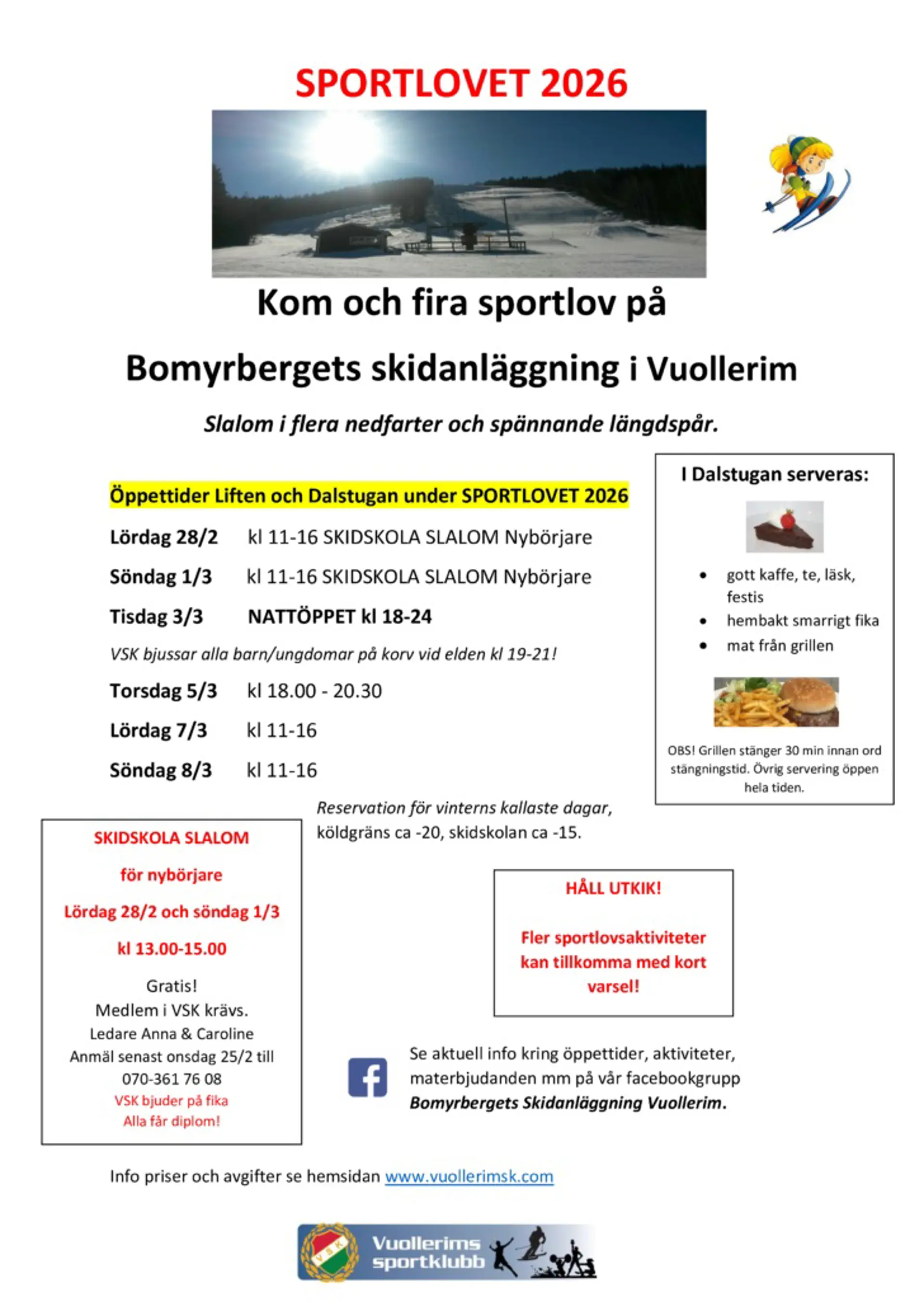 Affisch för sportlovet på Bomyrberget