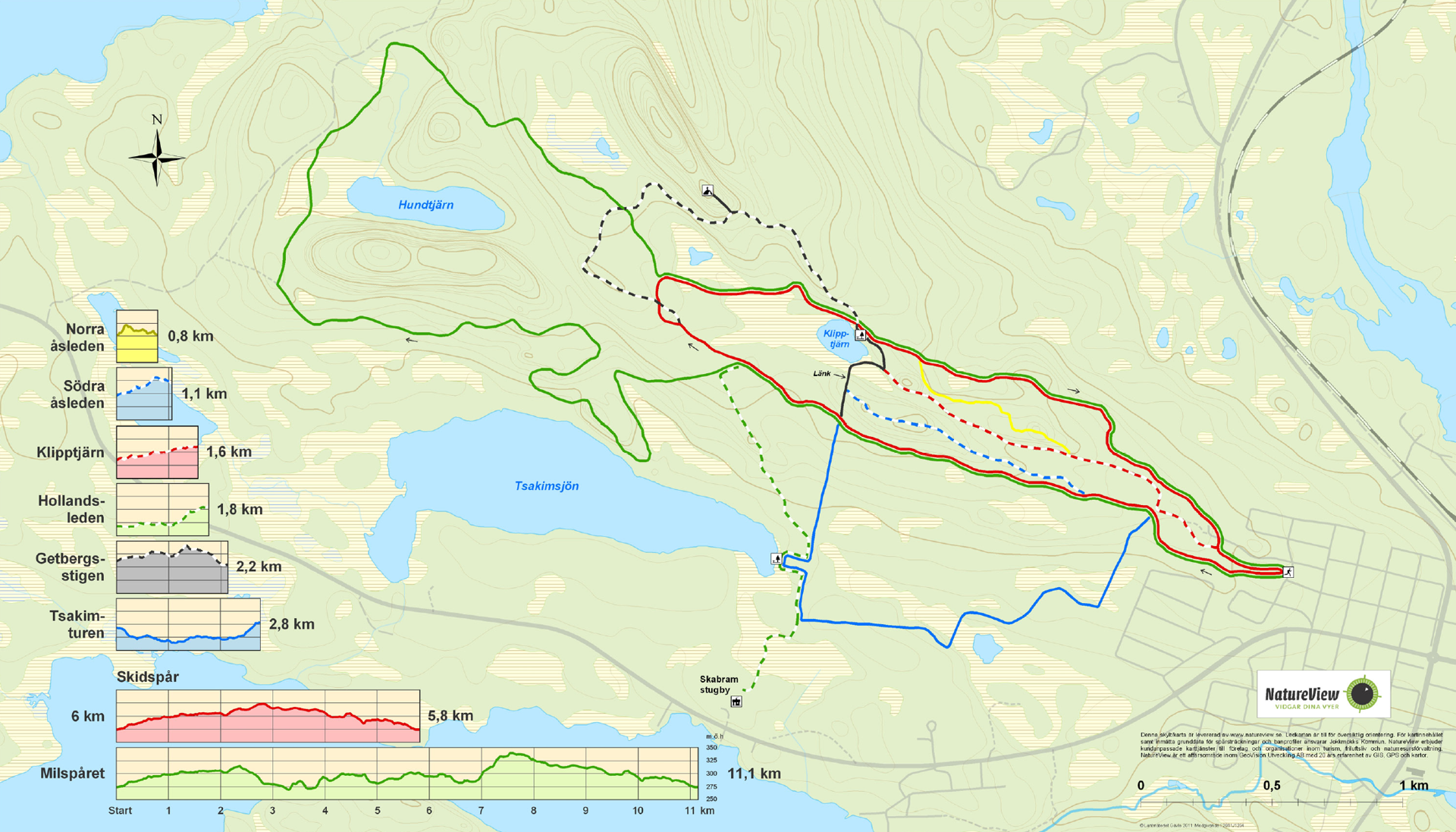 Karta över vandringslederna på Getbergets friluftsområde