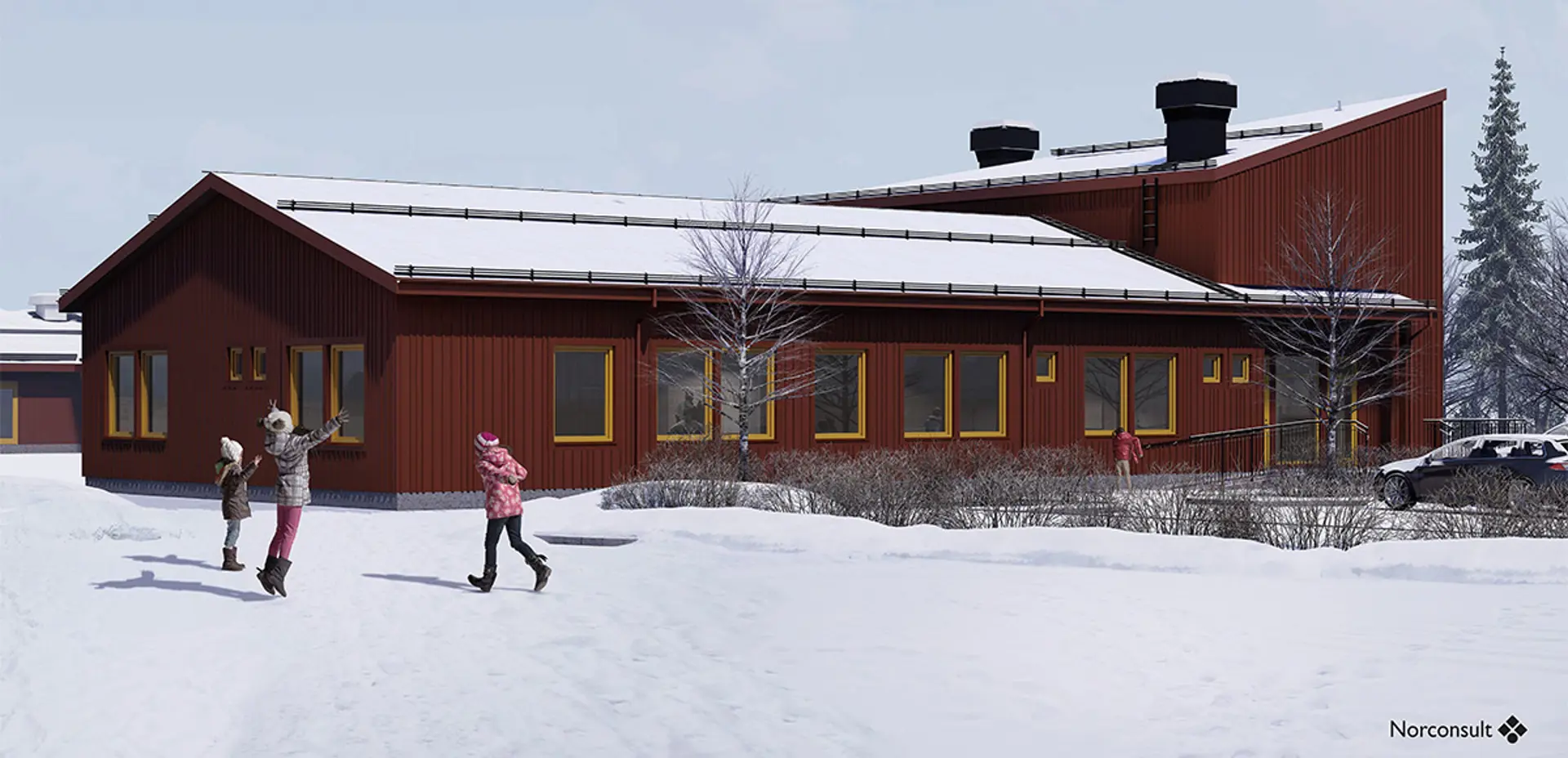 Visualisering av hur Vuollerims nya skola kan komma att se ut. Illustration.