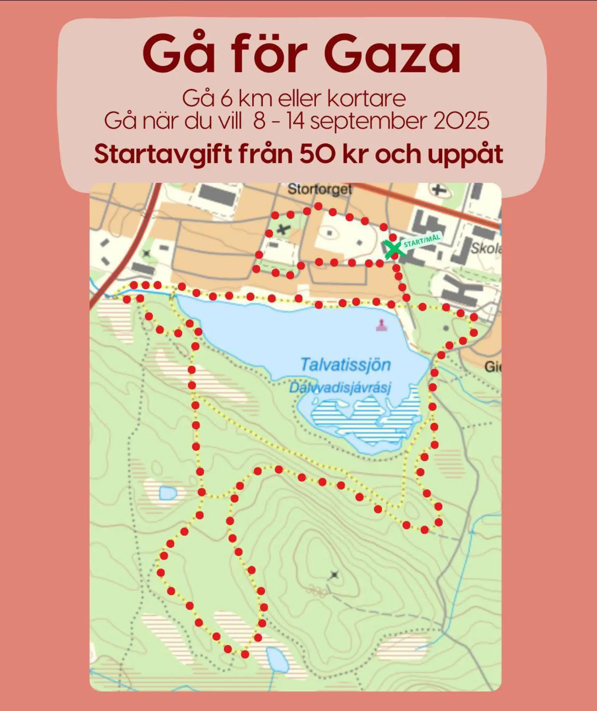 Karta med förslag på 6 km promenadväg runt Talvatissjön