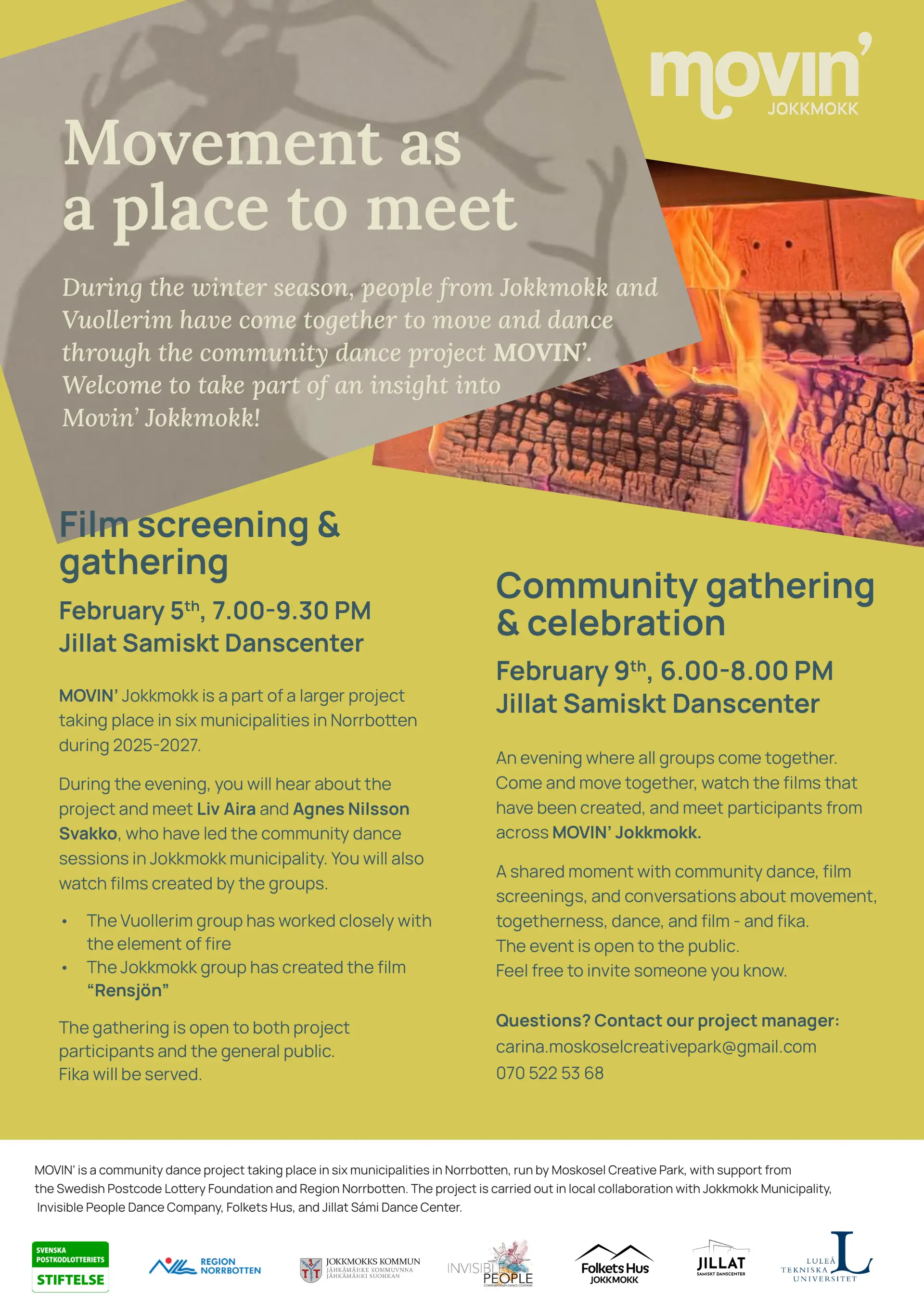 Poster in English for meetings with Movin' on February 5 and 9, 2026