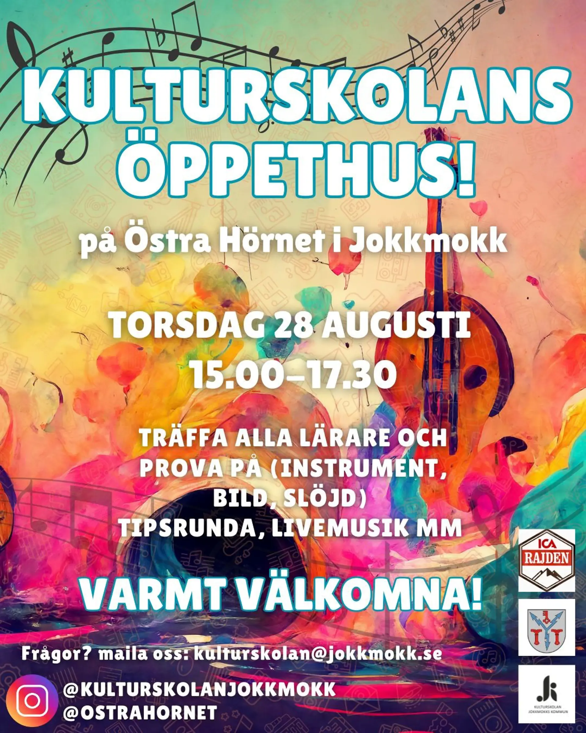 Affisch för Öppet Hus på Kulturskolan den 28 augusti 2025